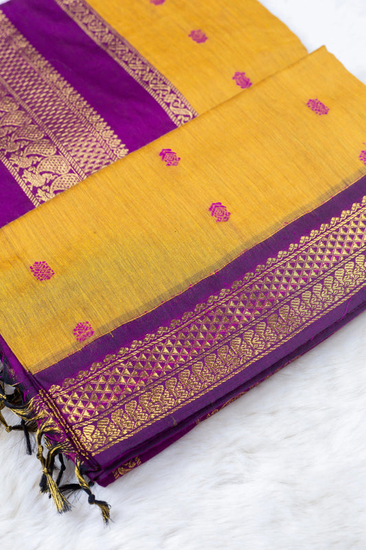 Honey Yellow and wine - Premium Cotton Silk Saree with Contrast Blouse