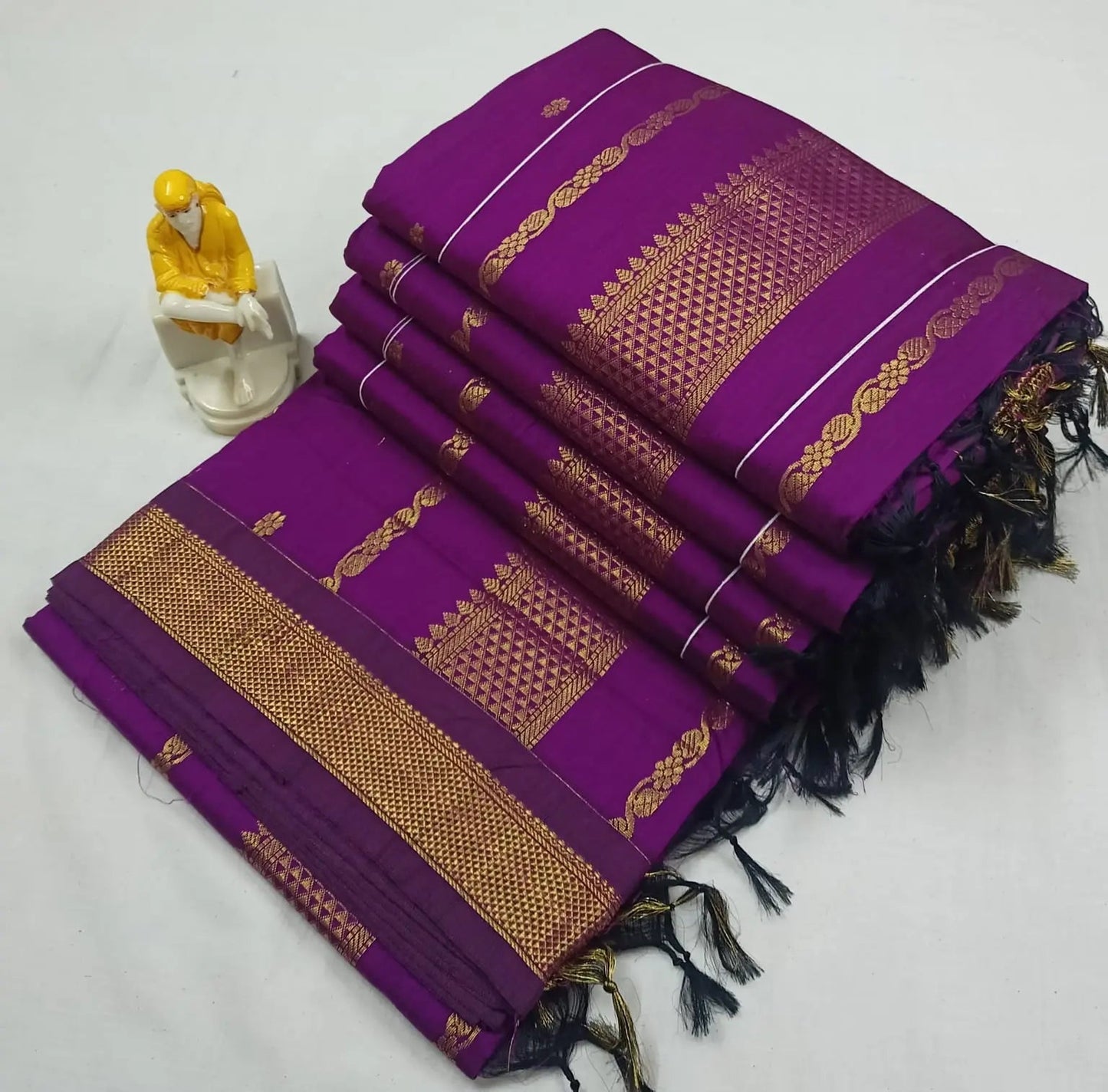 Wine with gold zari border -  Premium Cotton Silk Saree with Contrast Blouse