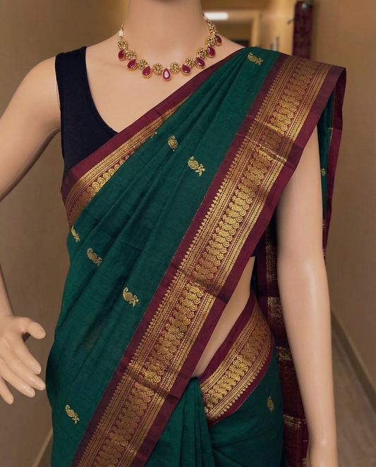 Bottle green with maroon  - Premium Cotton Silk Saree with Contrast Blouse