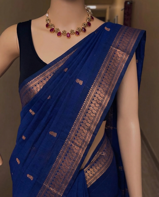 Royal Blue with copper zari Cotton silk saree