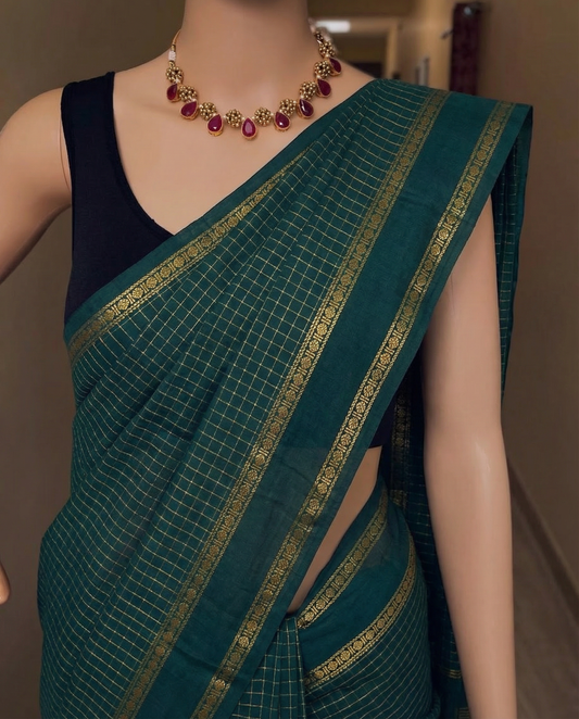 Bottle Checked Green  Premium Cotton Silk Saree with Contrast Blouse
