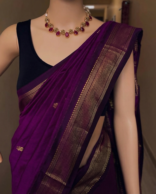 Deep wine matt finish and gold zari - Premium Cotton Silk Saree with Contrast Blouse