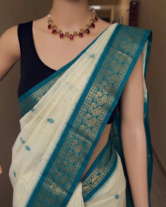 Rama Green - Premium Cotton Silk Saree with Contrast Blouse