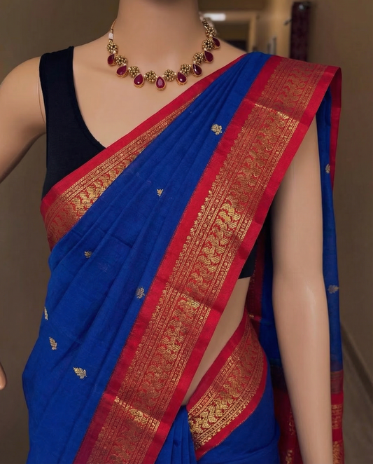 Royal Blue and maroon - Premium Cotton Silk Saree with Contrast Blouse