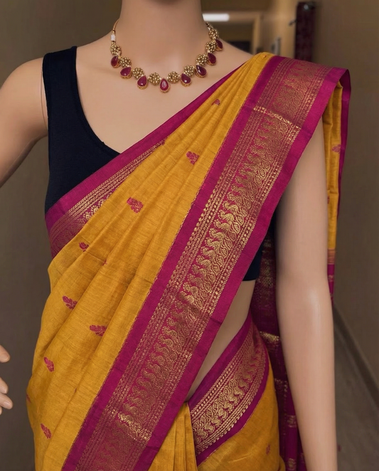 Mango Yellow with Hot Pink - Premium Cotton Silk Saree with Contrast Blouse