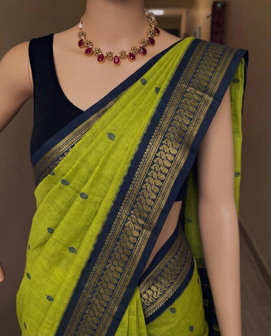 Green and blue - Premium Cotton Silk Saree with Contrast Blouse