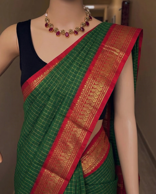 Bottle Green with Red - Premium Cotton Silk Saree with Contrast Blouse