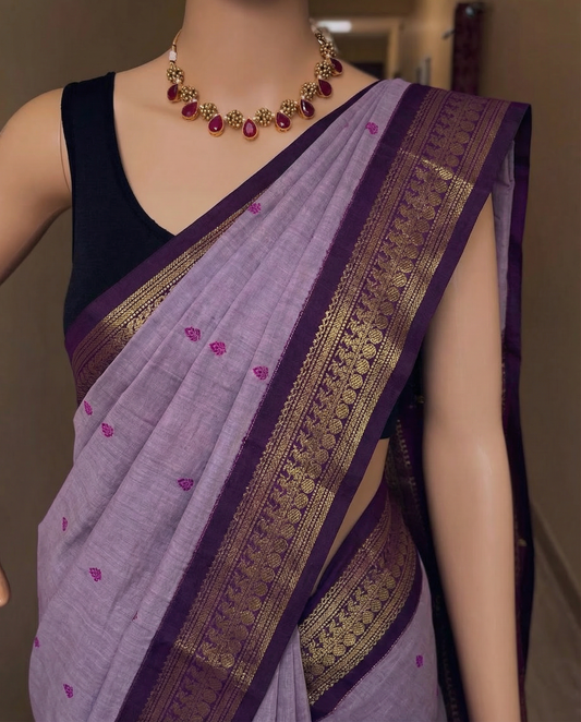 Wine and Lavenderish Grey - Premium Cotton Silk Saree with Contrast Blouse