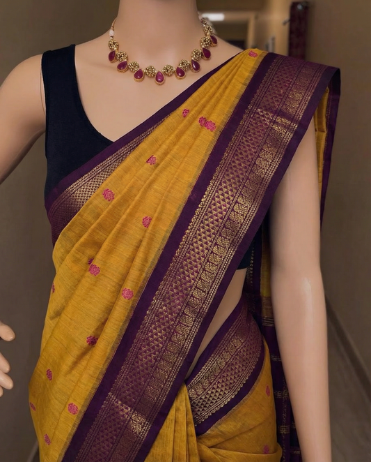 Honey Yellow and wine - Premium Cotton Silk Saree with Contrast Blouse