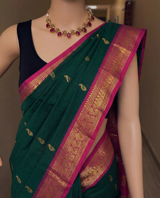 Bottle green with magenta pink - Premium Cotton Silk Saree with Contrast Blouse