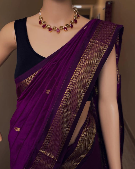 Wine with gold zari border -  Premium Cotton Silk Saree with Contrast Blouse