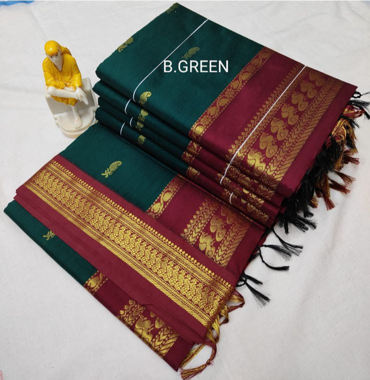 Bottle green with maroon  - Premium Cotton Silk Saree with Contrast Blouse