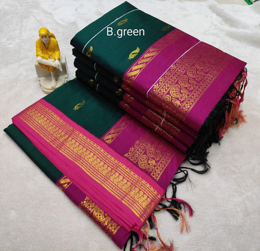 Bottle green with magenta pink - Premium Cotton Silk Saree with Contrast Blouse