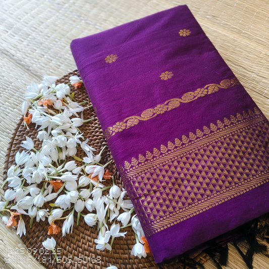 Wine with gold zari border -  Premium Cotton Silk Saree with Contrast Blouse